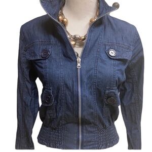 Voice Chambray Denim Zip Jacket Multi Pocket Smocked Fit Waist Button Cuffs Sz L